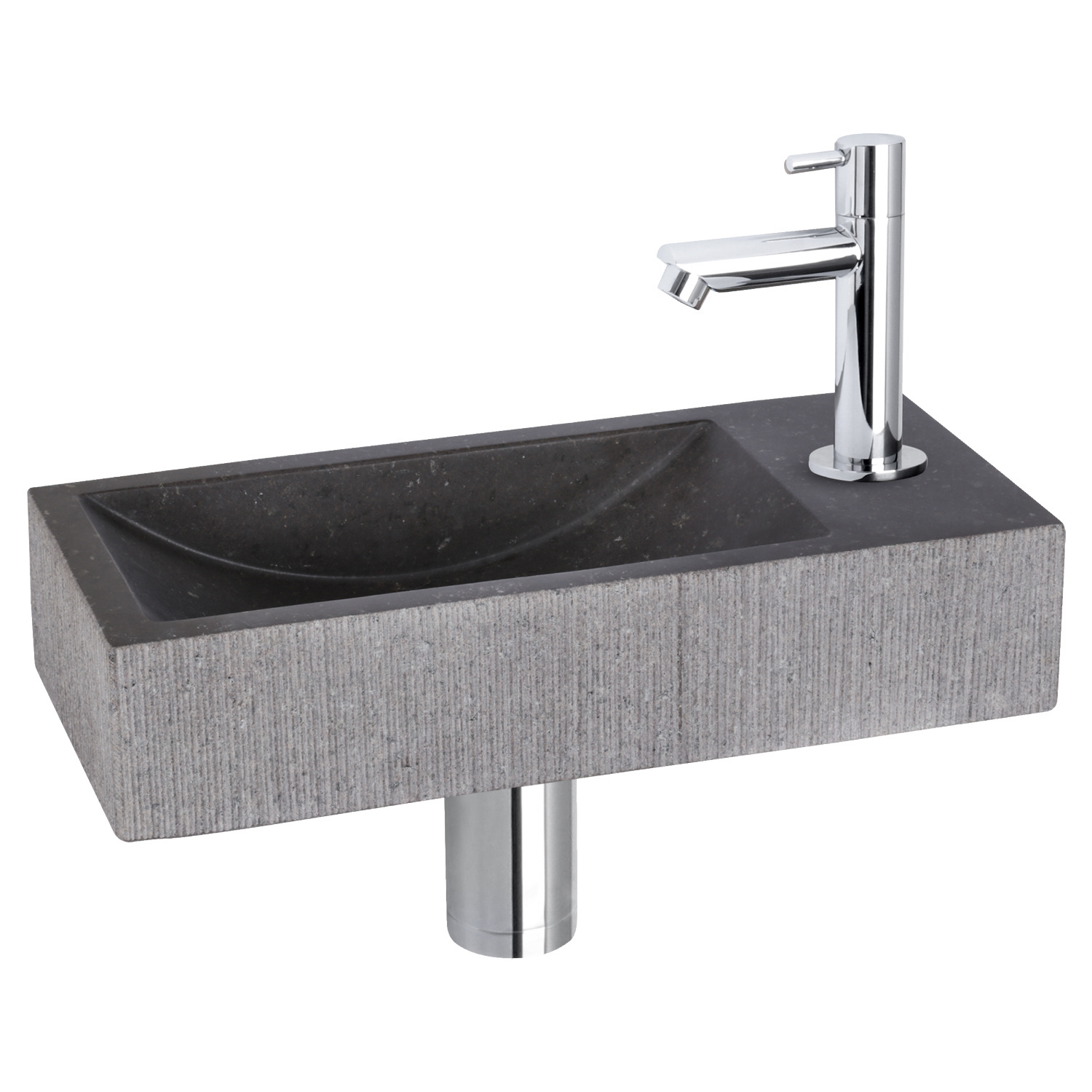 Fonteinset Differnz Ribble Natuursteen 38x18x8 cm Zwart Met Rechte Kraan Chroom Differnz
