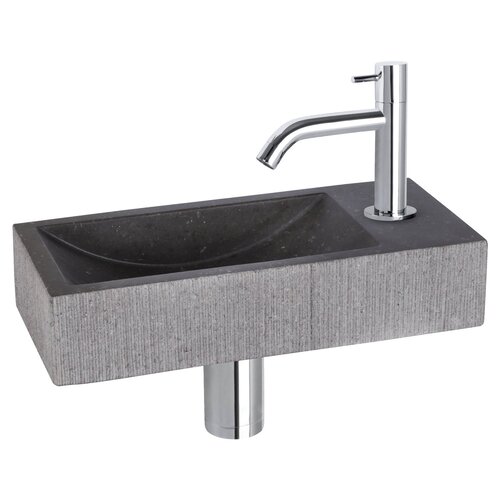 Fonteinset Differnz Ribble Natuursteen 38x18x8 cm Zwart Met Gebogen Kraan Chroom 