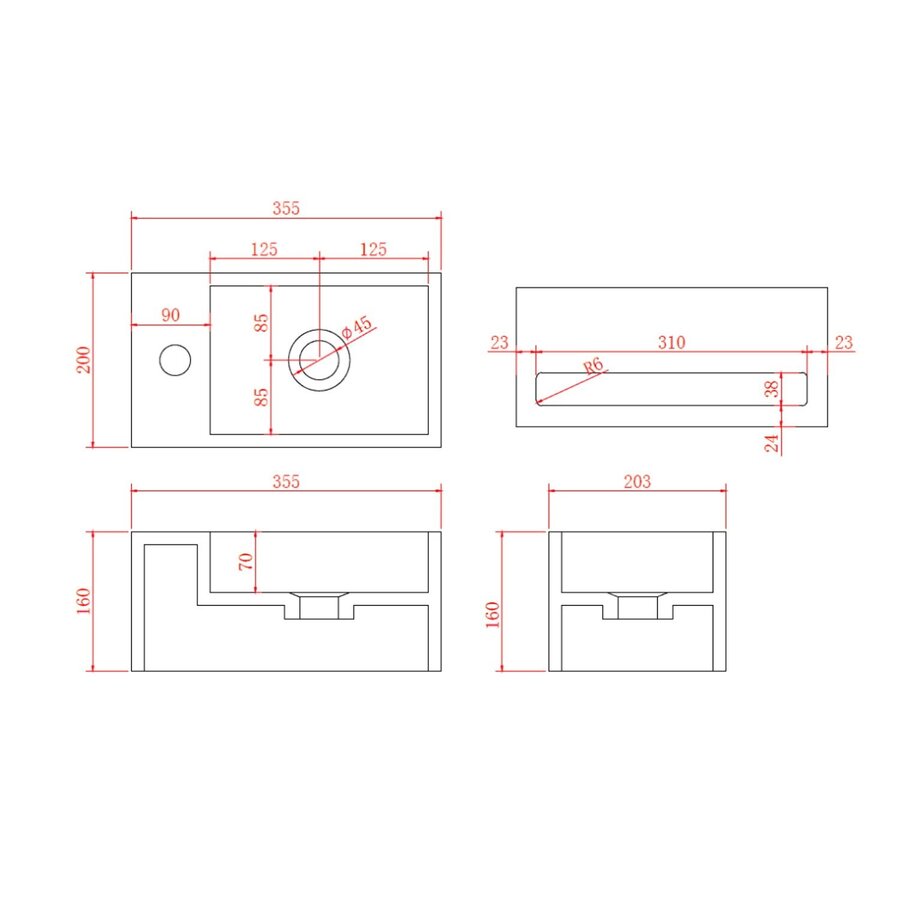 Fontein AquaSplash Bali Solid Surface 36x20 cm Kraangat Rechts Mat Zwart