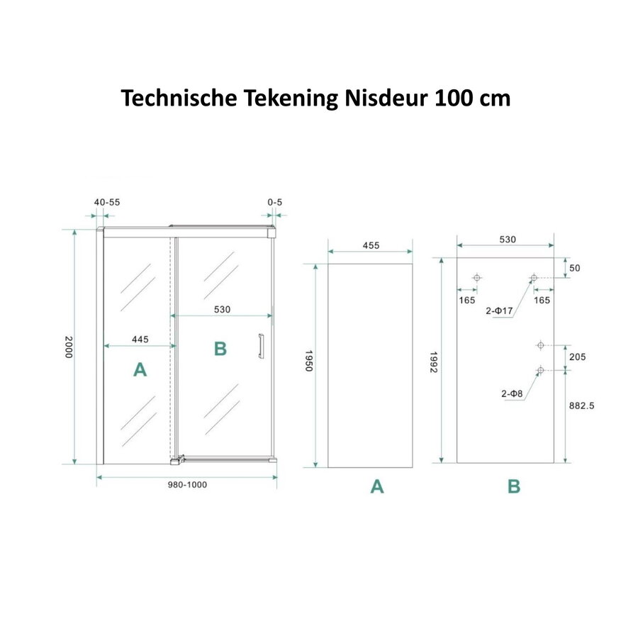 AQS Douchecabine Softclose 2.0 100 cm met Nisdeur en Zijwand 8mm Aluminium NANO Coating (alle varianten)
