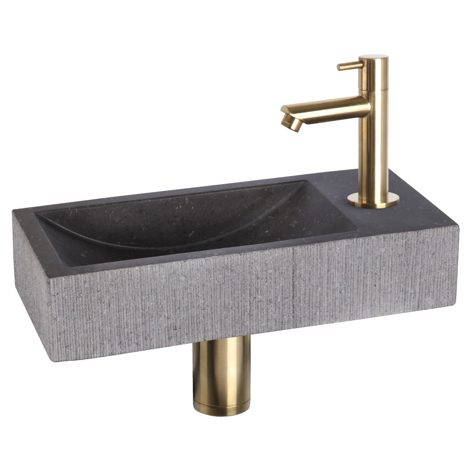 Fonteinset Differnz Ribble Natuursteen 38x18x8 cm Zwart Met Rechte Kraan Mat Goud Differnz