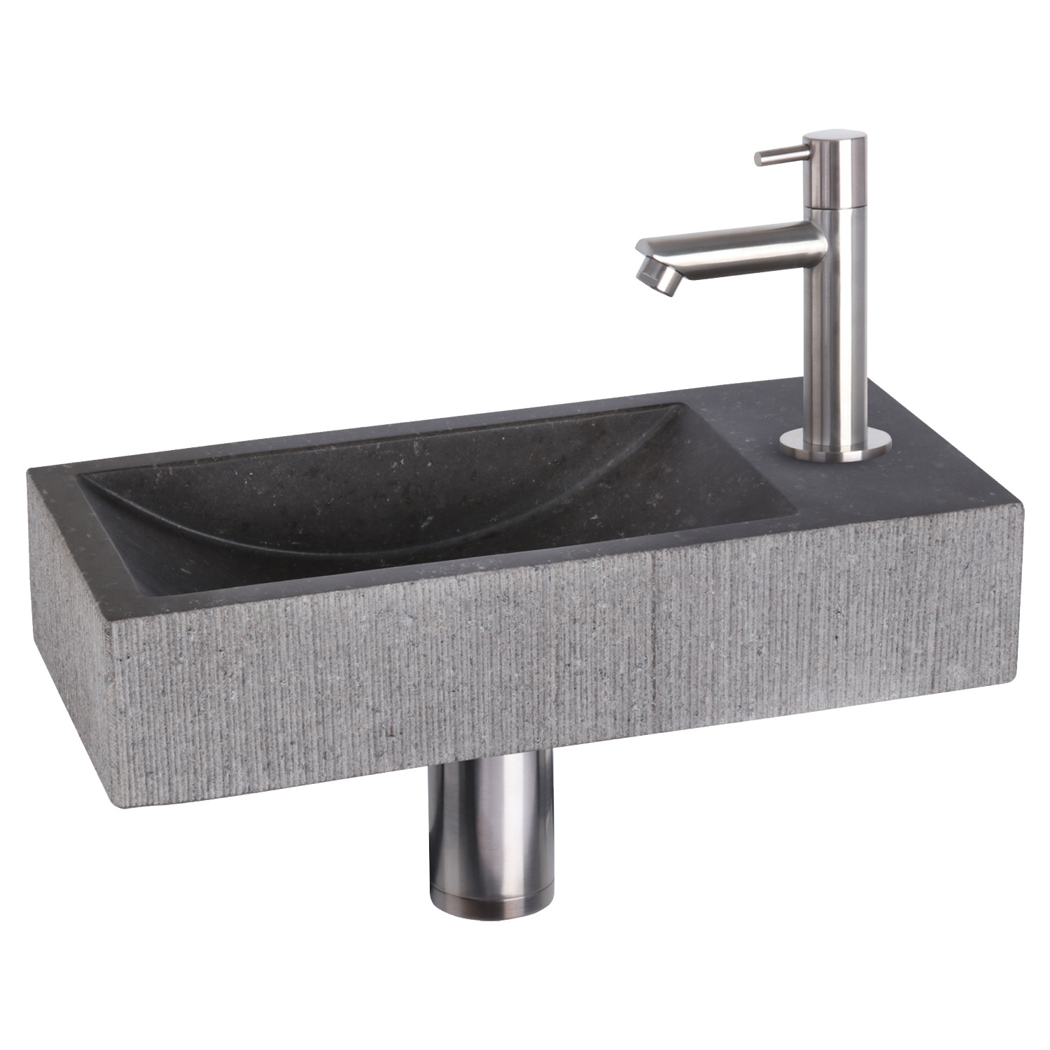 Fonteinset Differnz Ribble Natuursteen 38x18x8 cm Zwart Met Rechte Kraan Mat Chroom Differnz