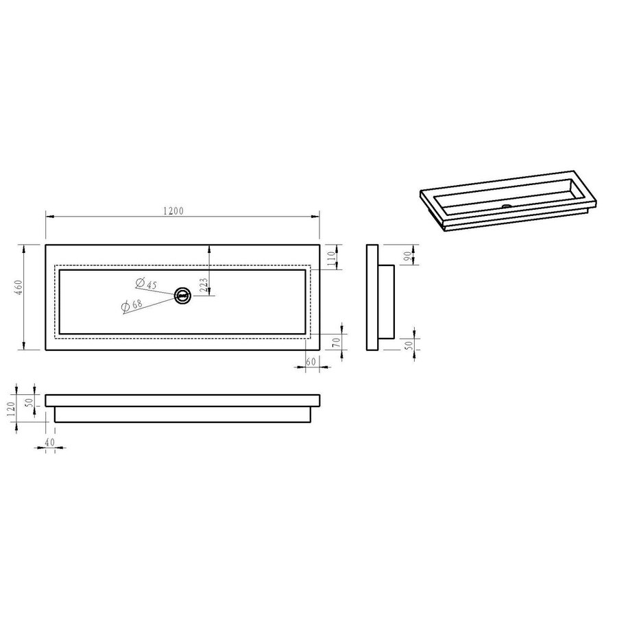 Wastafel Wiesbaden B-Stone 120x46x5 cm Zonder Kraangaten Hardsteen Zwart