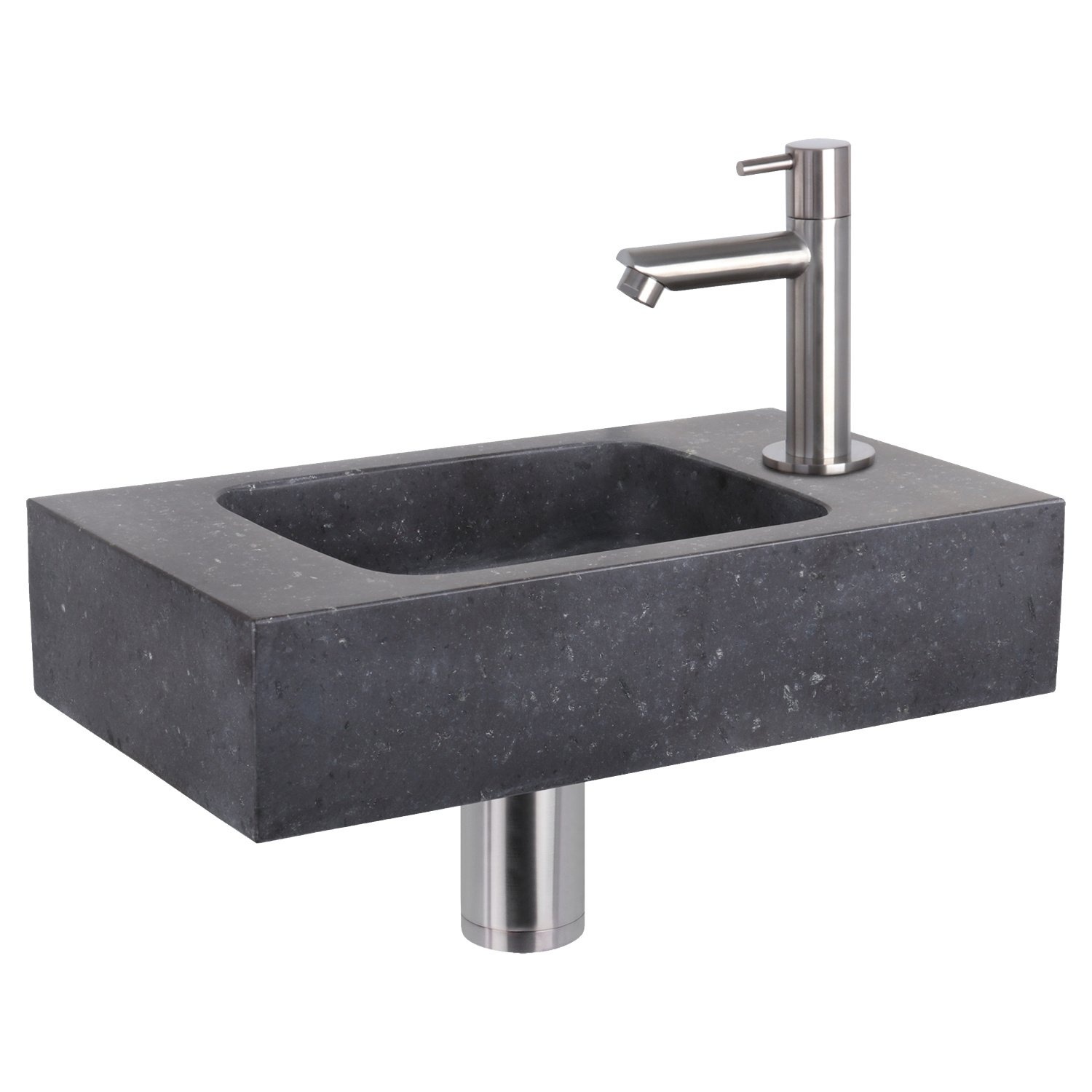 Fonteinset Differnz Bombai Natuursteen 40x22x9 cm Zwart Met Rechte Kraan Mat Chroom Differnz