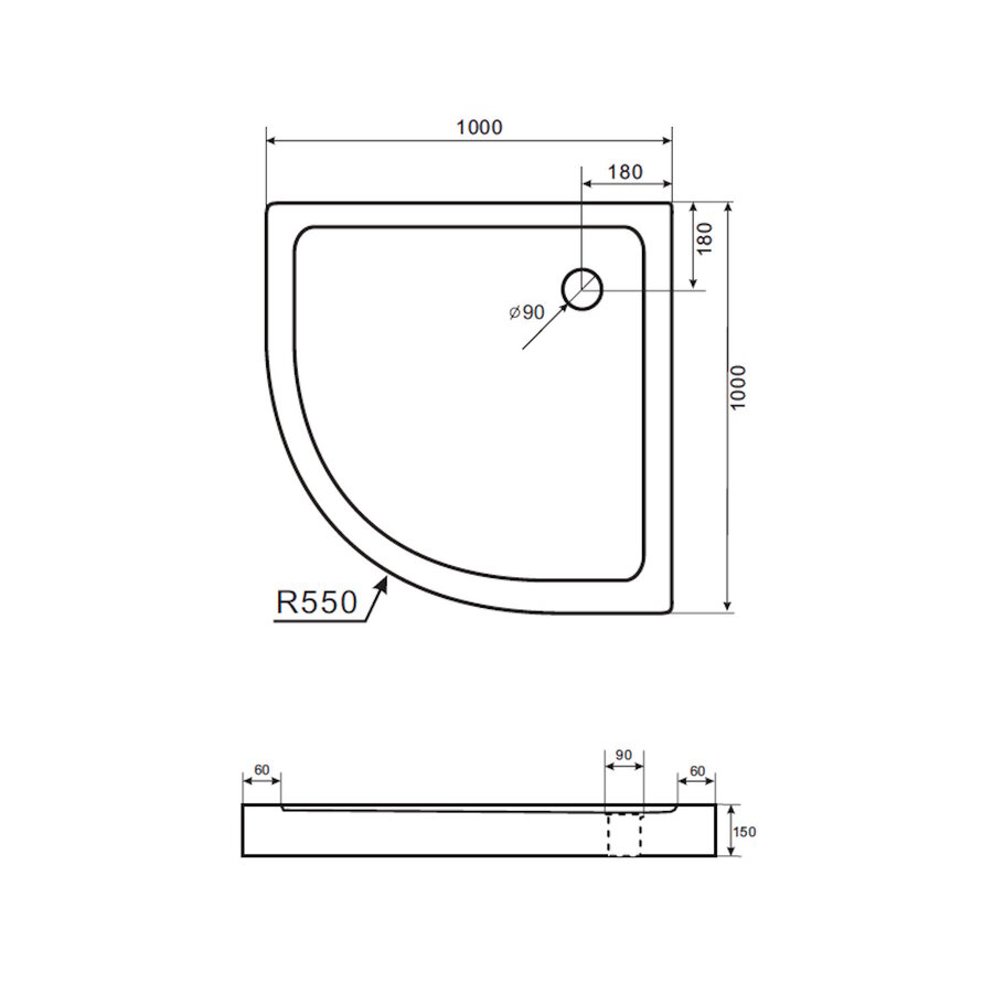 Douchebak Boss & Wessing Veroni Kwartrond 100x100x15cm Acryl Wit