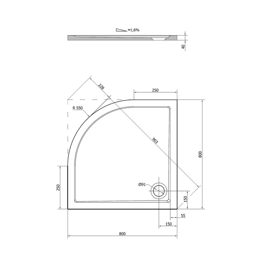 Douchebak Marmer Sapho Sera 80x80x4 cm Kwartrond Wit