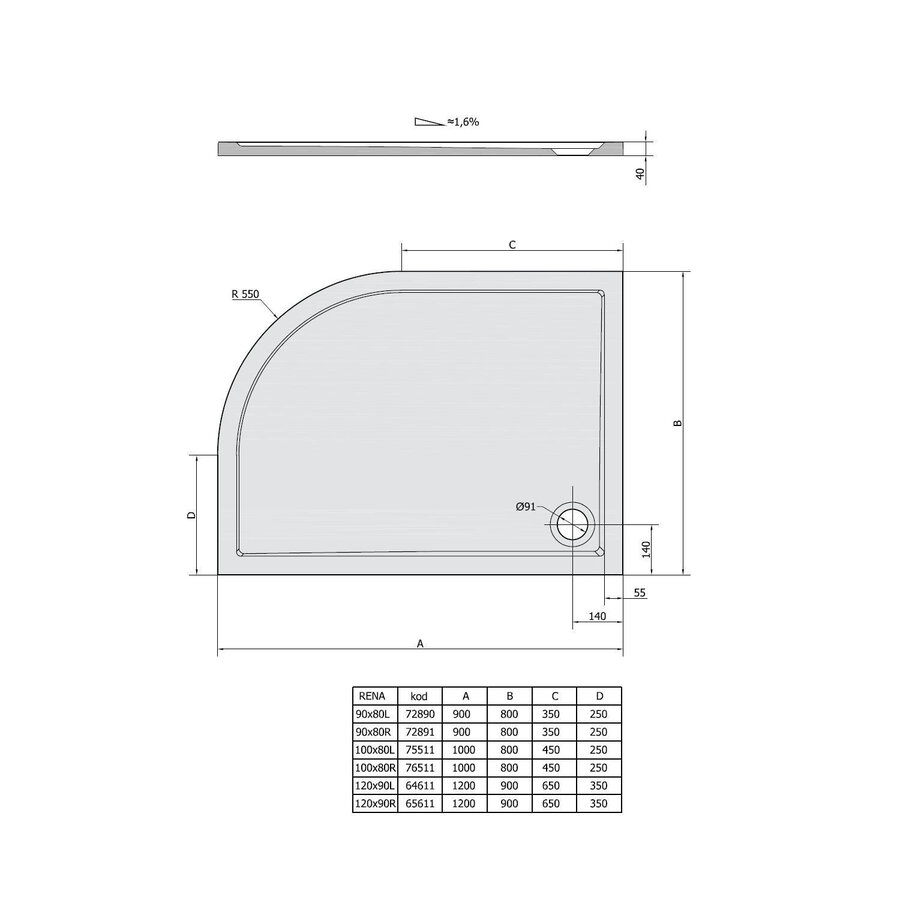 Douchebak Marmer Sapho Rena 100x80x4 cm Kwartrond Rechts Wit
