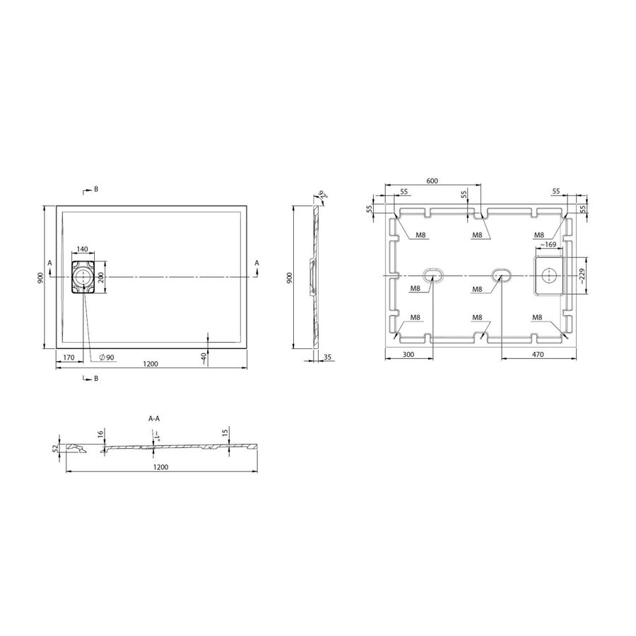 Douchebak Marmer Sapho Acora 120x90x3.5 cm Rechthoek Steen Grijs