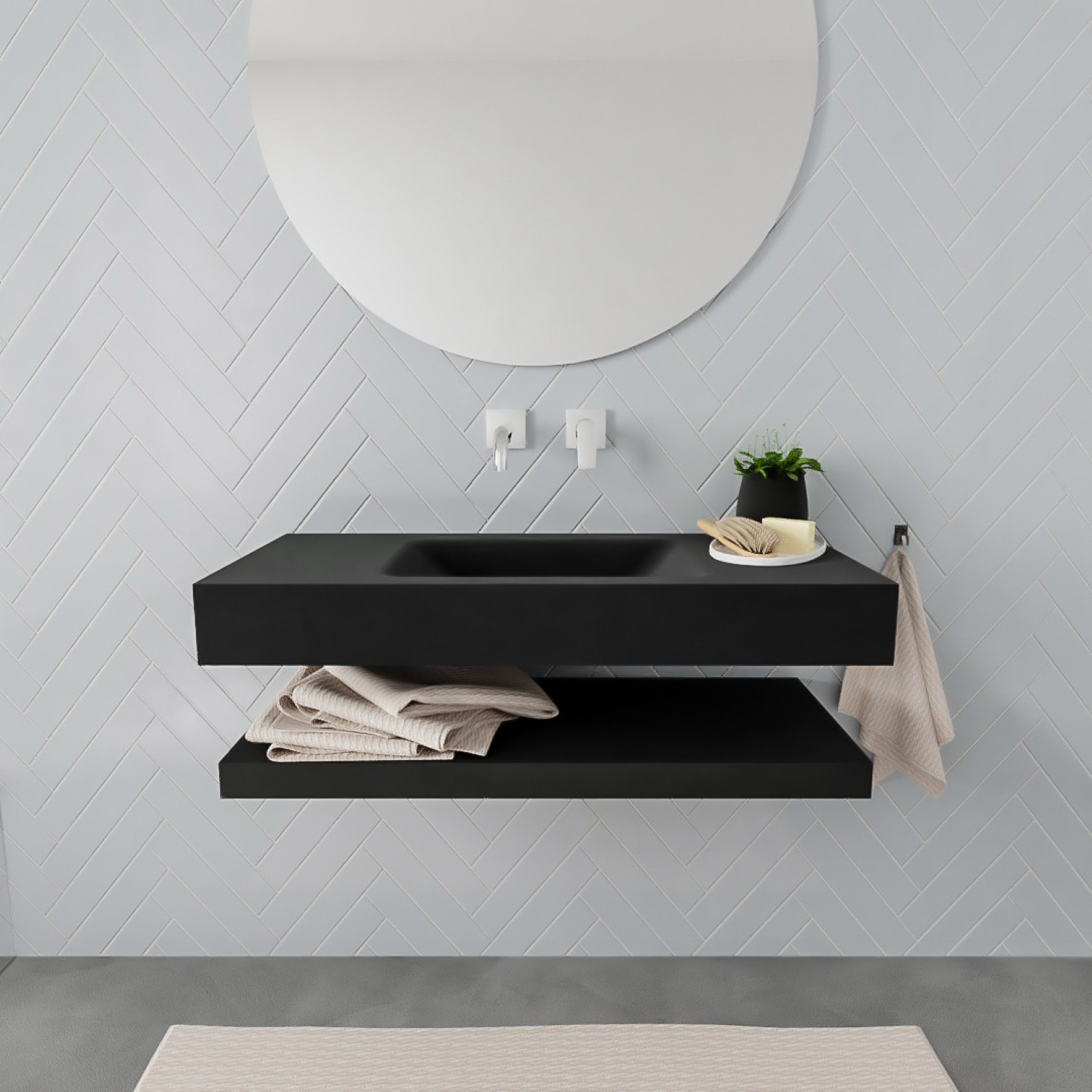 Aqua Splash Badkamermeubel AQS Ibiza 100 cm met Planchet Solid Surface Mat Zwart - Badmeubel Ibiza 100 cm Solid Surface Planchet Spoelbak Midden Mat