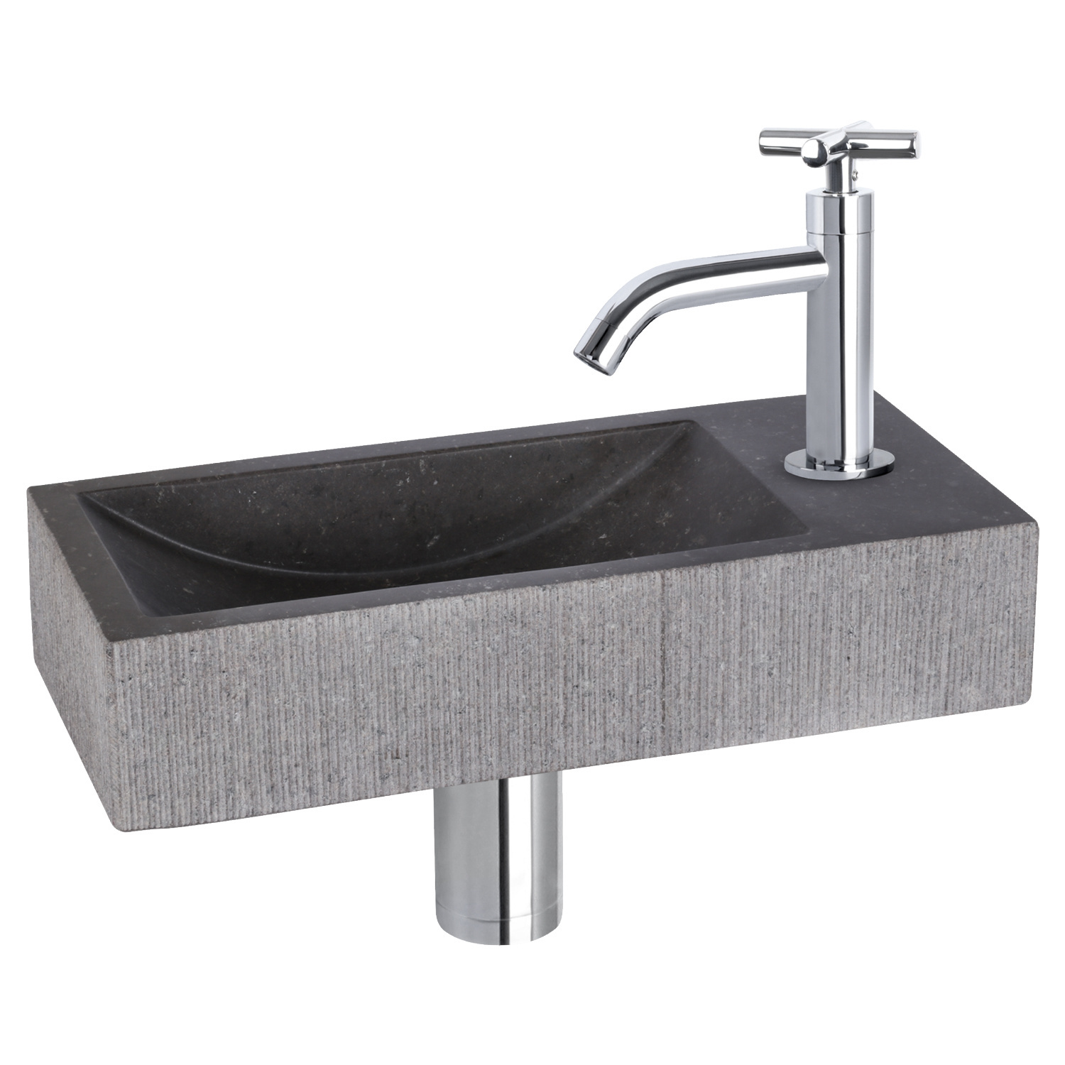 Fonteinset Differnz Ribble Natuursteen 38x18x8 cm Zwart Met Gebogen Kruis Kraan Mat Chroom Differnz