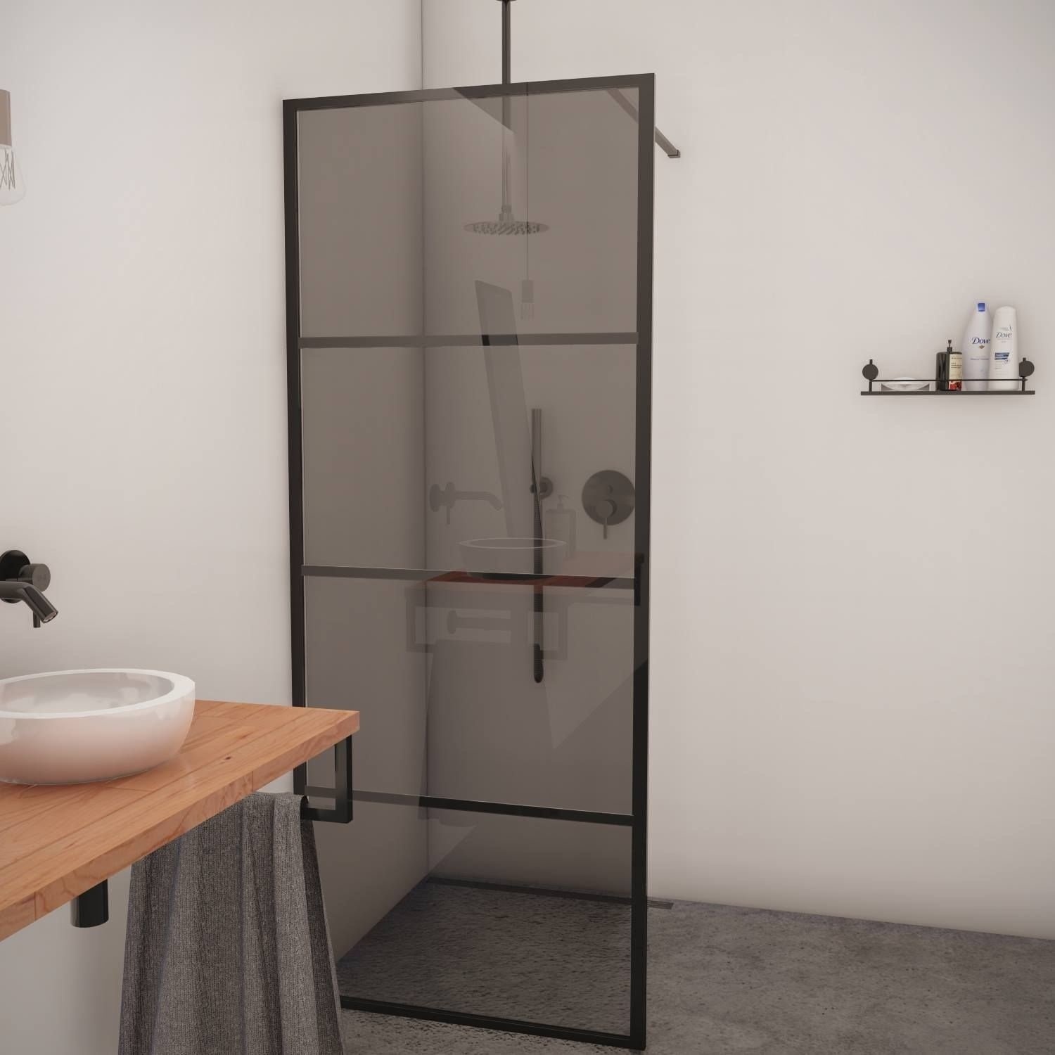 Aqua Splash AQS Inloopdouche Smoke Frame 90x200 cm Rookglas Mat Zwart Raster - R-be-2120-80sg-fff