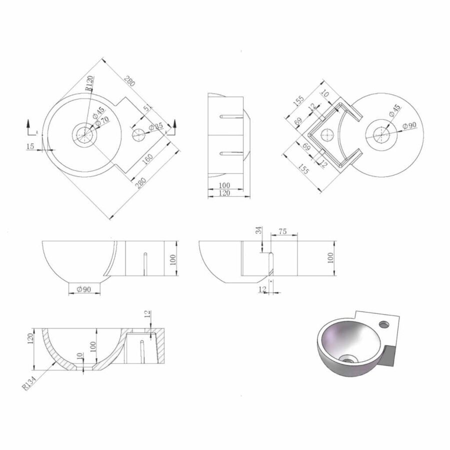 Hoekfontein Luca Sanitair Rond 28x28x12cm Solid Surface Mat Wit