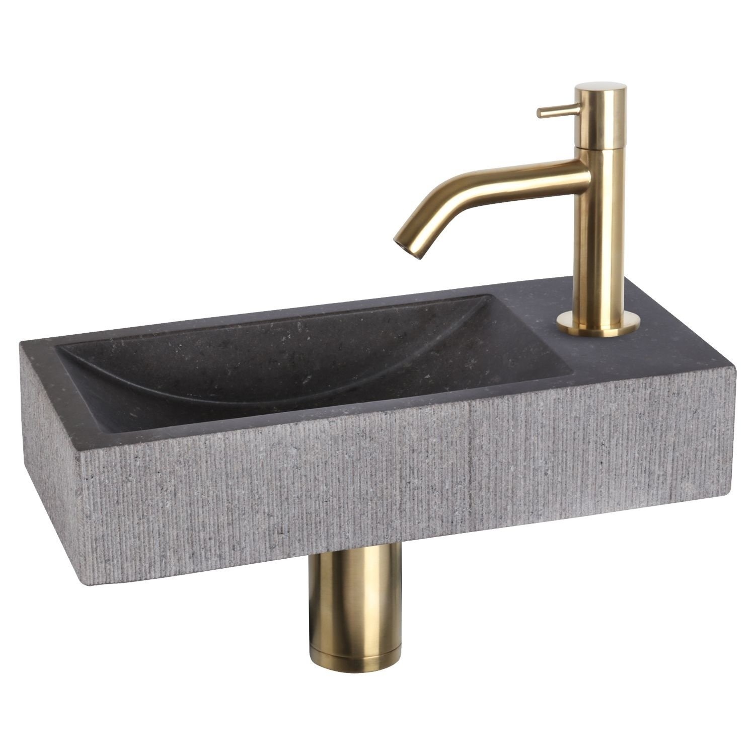 Fonteinset Differnz Ribble Natuursteen 38x18x8 cm Zwart Met Gebogen Kraan Mat Goud Differnz