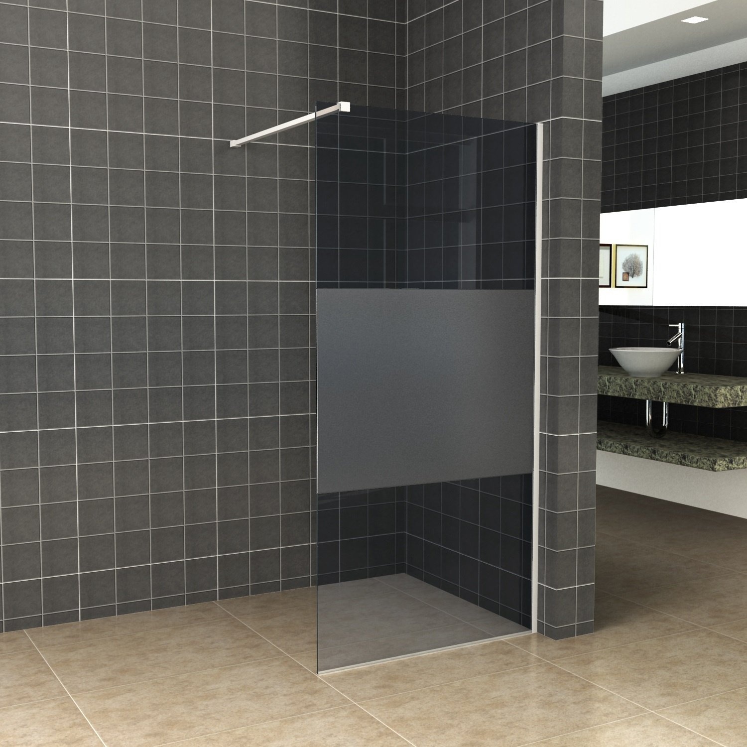 Aqua Splash BWS Inloopdouche Pro Line Rookglas met Middenband 8 mm Nano Coating Mat Wit Profiel en Stang - Proline 90x200 cm Mat Wit Profiel
