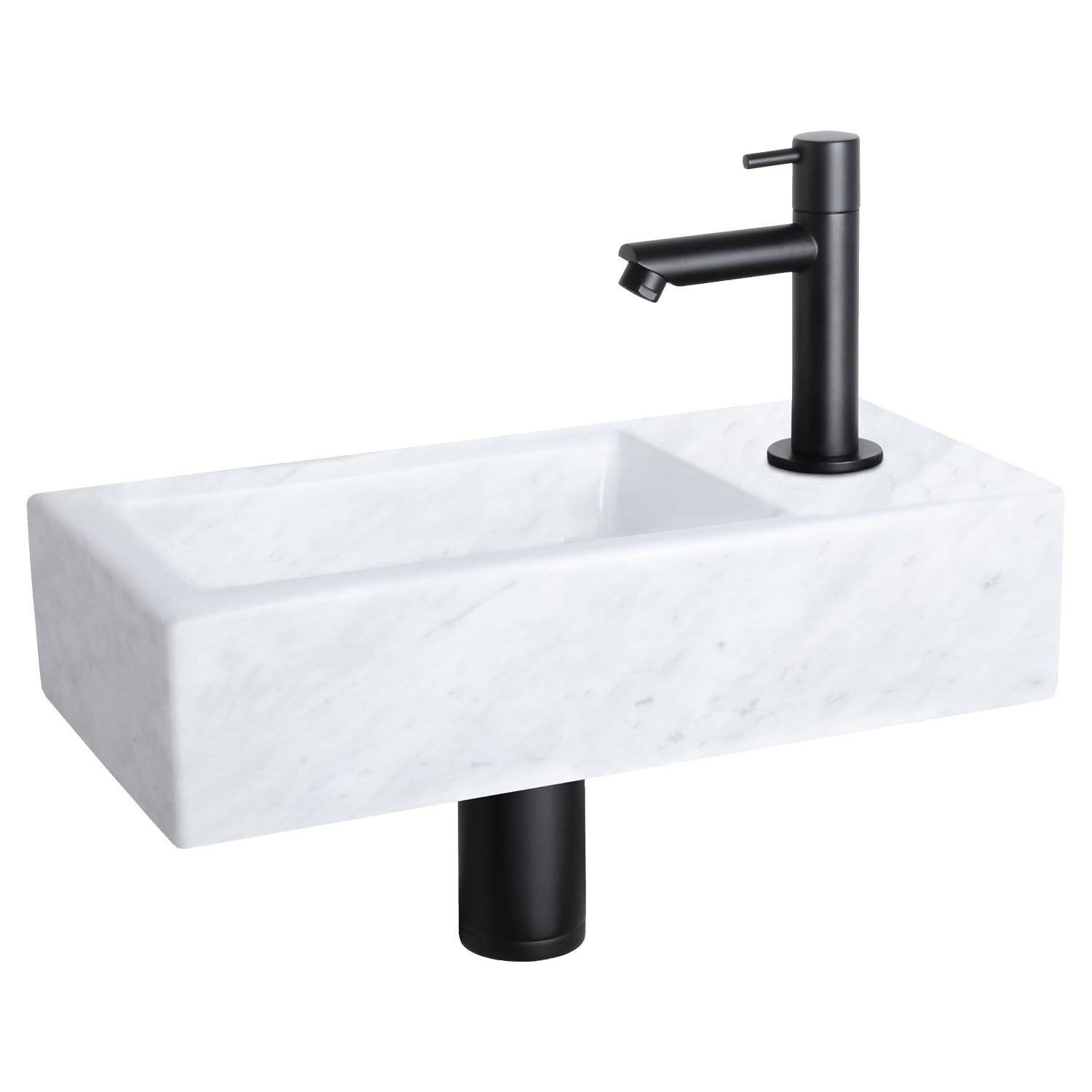 Fonteinset Differnz Helios 37.5x18.5x9.5 cm Marmer Wit Met Rechte Kraan Mat Zwart Differnz