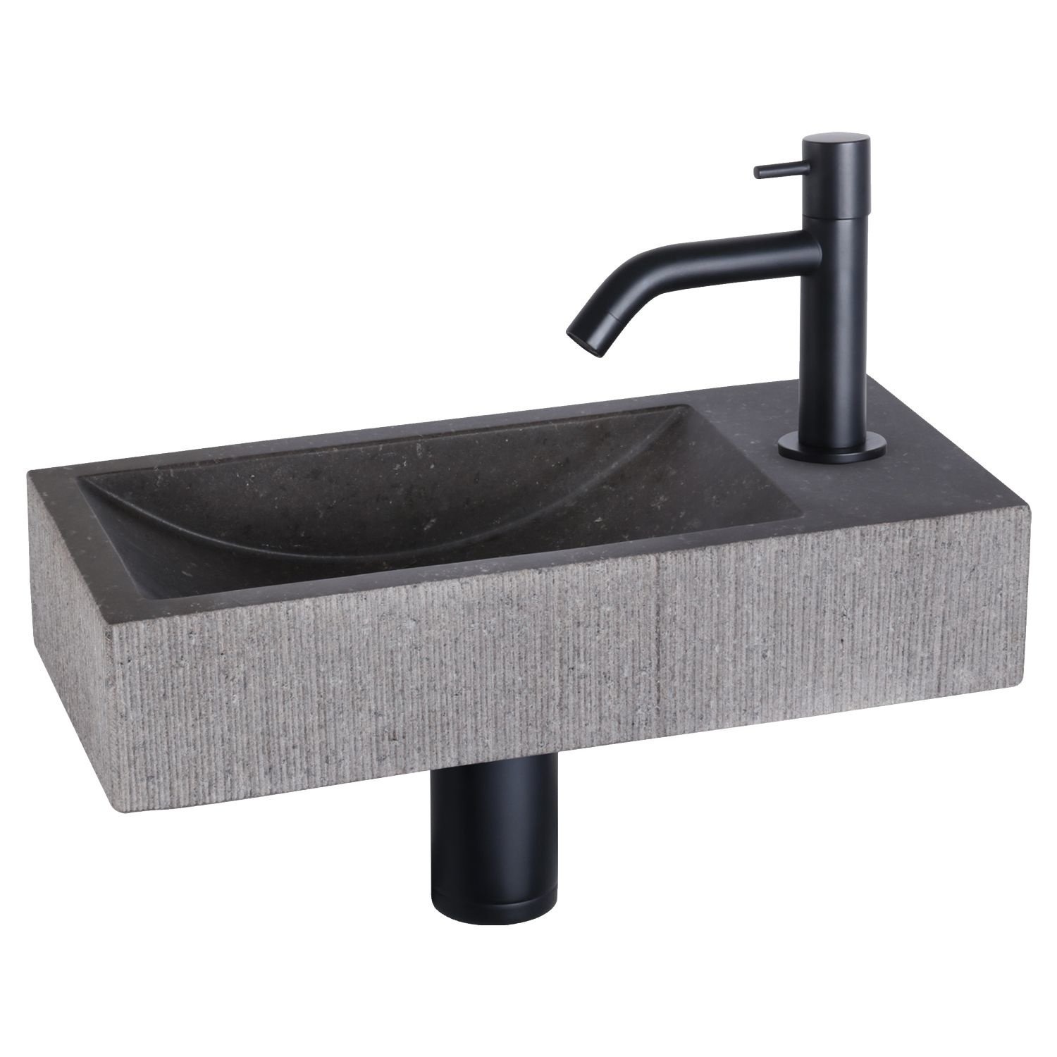Fonteinset Differnz Ribble Natuursteen 38x18x8 cm Zwart Met Gebogen Kraan Mat Zwart Differnz