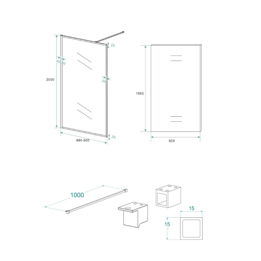 Inloopdouche Wiesbaden Square Stabilisatiestang Nano Coating 90x200 cm 10 mm Mat Zwart