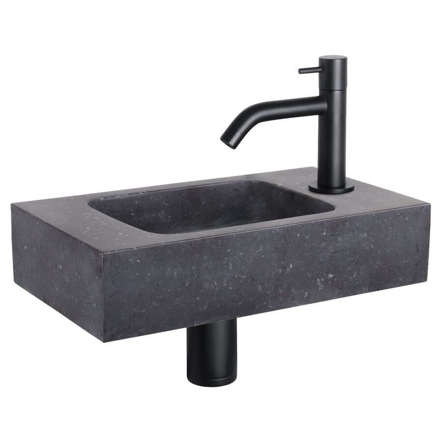 NIET MEER LEVERBAAR Fonteinset Differnz Bombai Natuursteen 40x22x9 cm Zwart Met Gebogen Kraan Mat Zwart