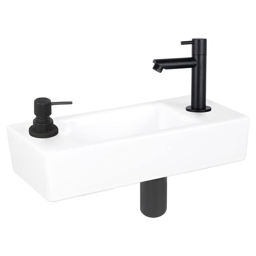 Fonteinset Differnz Sapon Rechts 42.5x18.5x9 cm Geintegreerde Zeepdispenser Keramiek Wit (inclusief mat zwarte kraan sifon en afvoer) 
