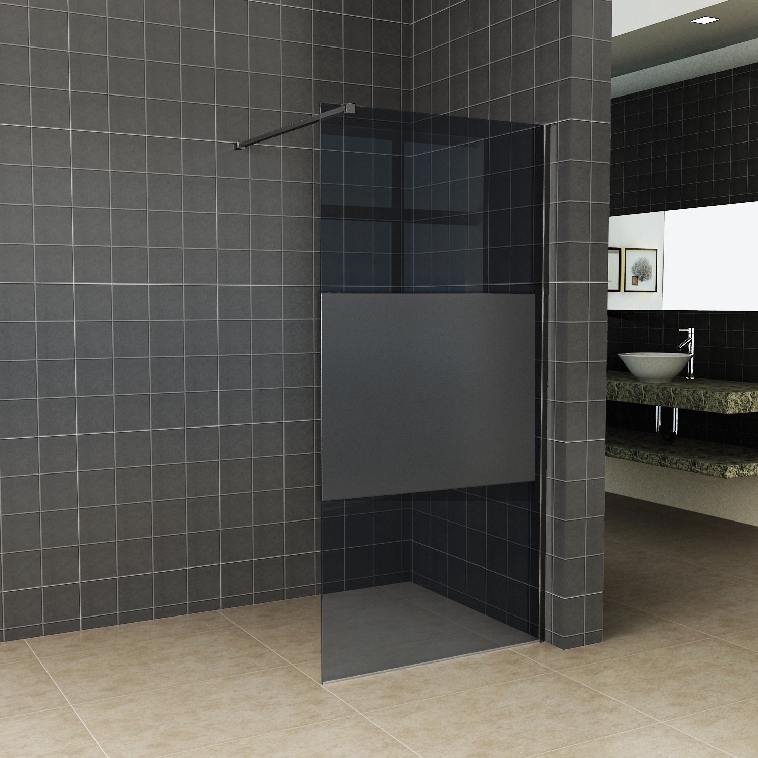 Aqua Splash AQS Inloopdouche Pro Line Rookglas met Middenband 8 mm Nano Coating Mat Zwart Profiel en Stang - Proline 90x200 cm Mat Zwart Profiel