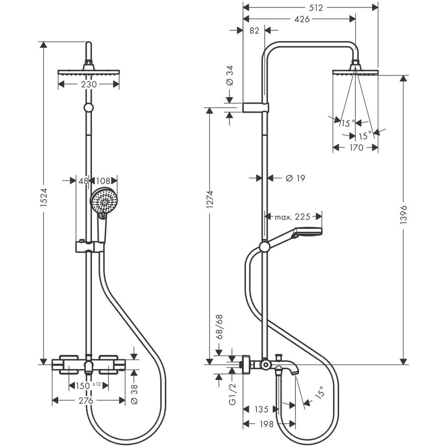 Regendouche set HansGrohe Vernis Shape Showerpipe 280 1 Jet met badthermostaat Chroom