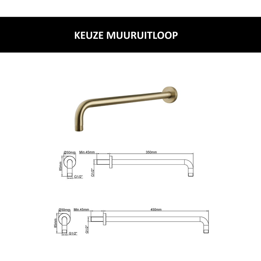 Wiesbaden Inbouw Regendouche Set Caral Rond Muuruitloop Geborsteld Messing Goud PVD Coating
