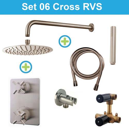 Wiesbaden Inbouw Regendouche Set 06 Cross Muuruitloop RVS  Wiesbaden Inbouw Regendouche Set 06 Cross Muuruitloop RVS