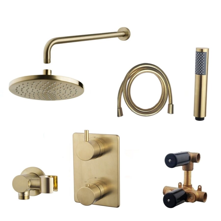 Wiesbaden Inbouw Regendouche Set 12 Caral Muuruitloop Geborsteld Messing Goud