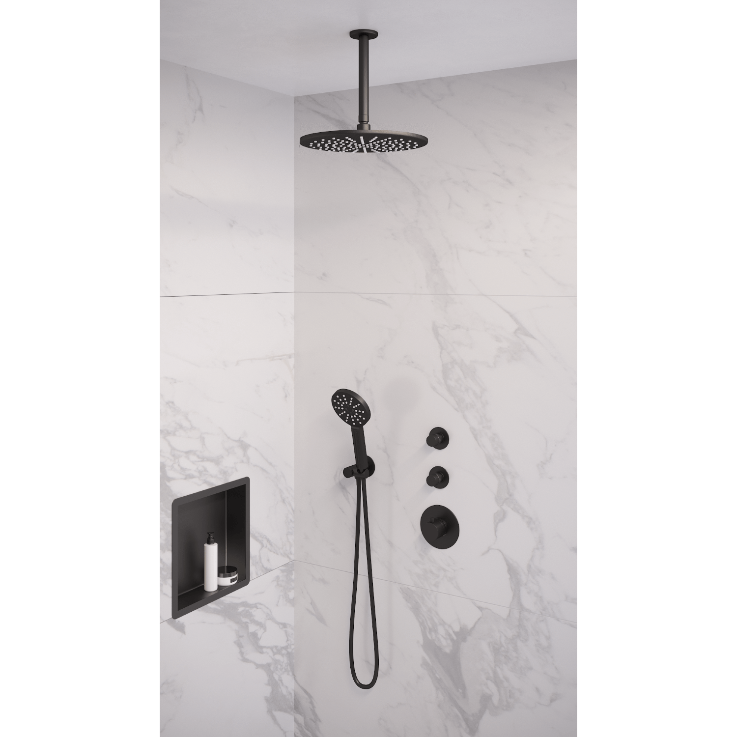 Thermostatisch Inbouwdoucheset Brauer Black 30 cm Hoofddouche Plafondarm 3 Standen Handdouche Mat Zwart Brauer