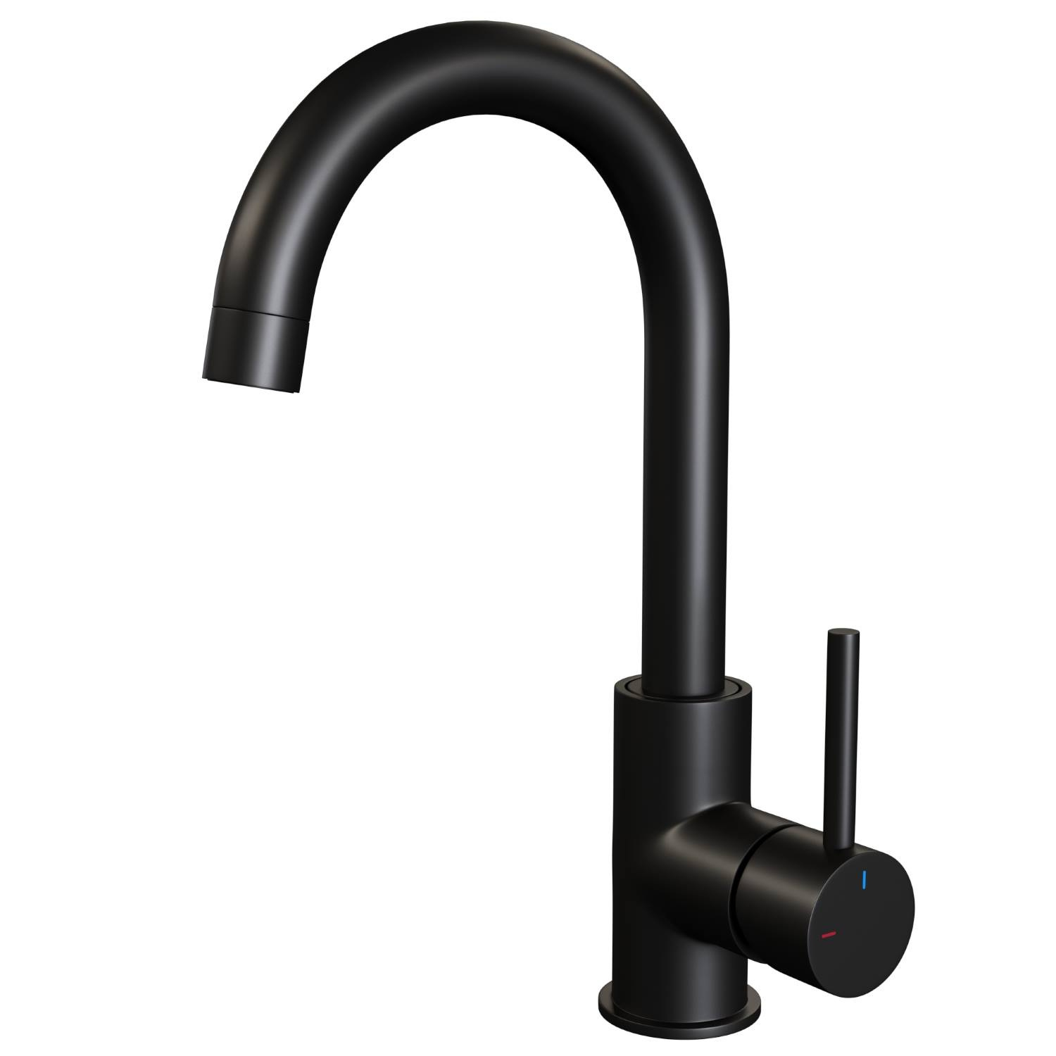 Wastafelmengkraan Brauer Black Edition Coldstart Opbouw Hoog Gebogen Ronde Hendel Mat Zwart Brauer