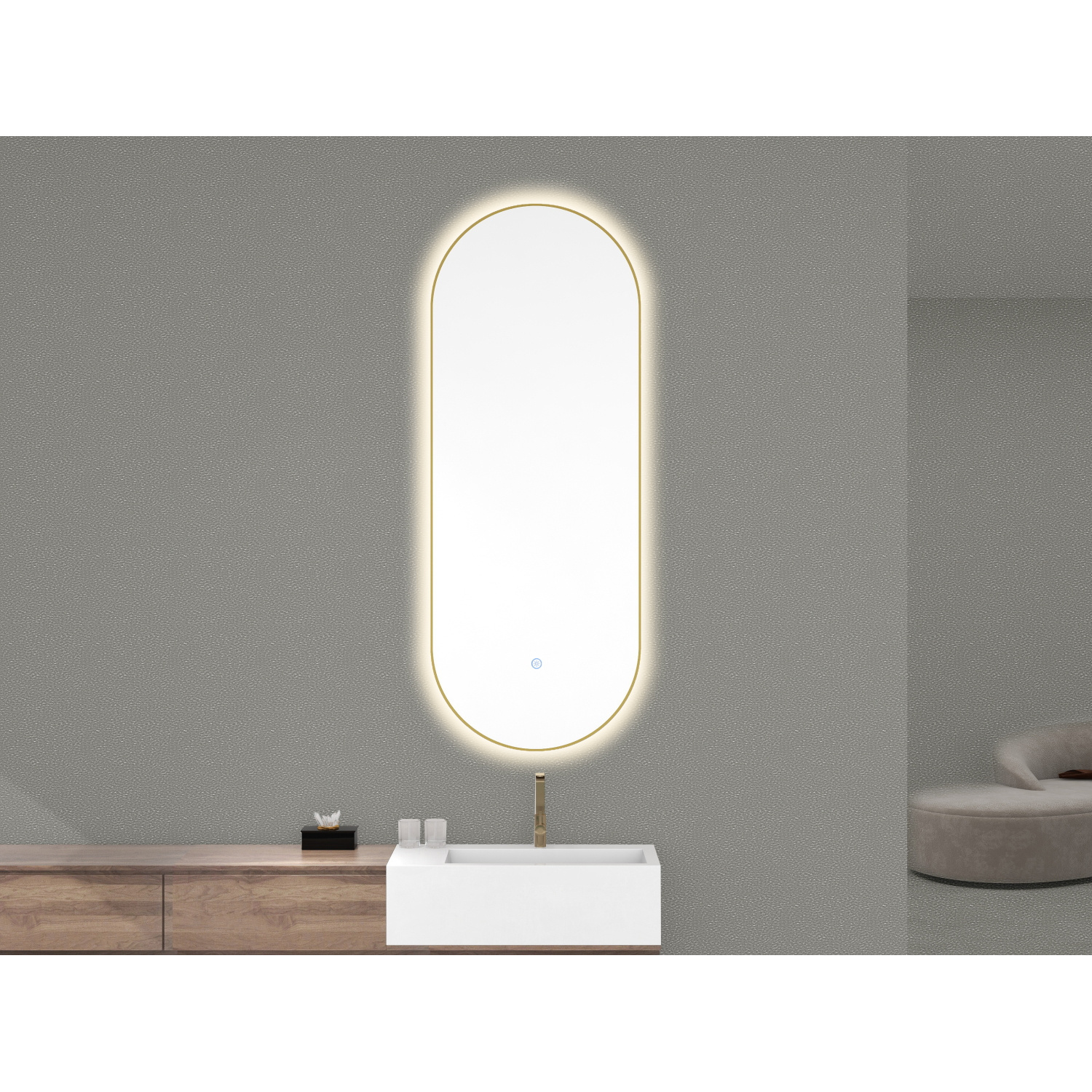 Ovale Spiegel Aquasplash Mino met Dimbare LED Verlichting en Spiegelverwarming 50 x 100 cm Geborsteld Messing Aquasplash