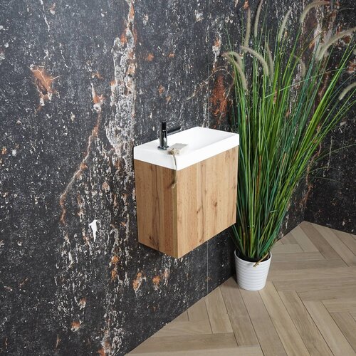 AKTIE! Fonteinmeubel Boss & Wessing Paris Fontein Mat Wit 40 cm Rustiek Eiken (1 kraangat) 