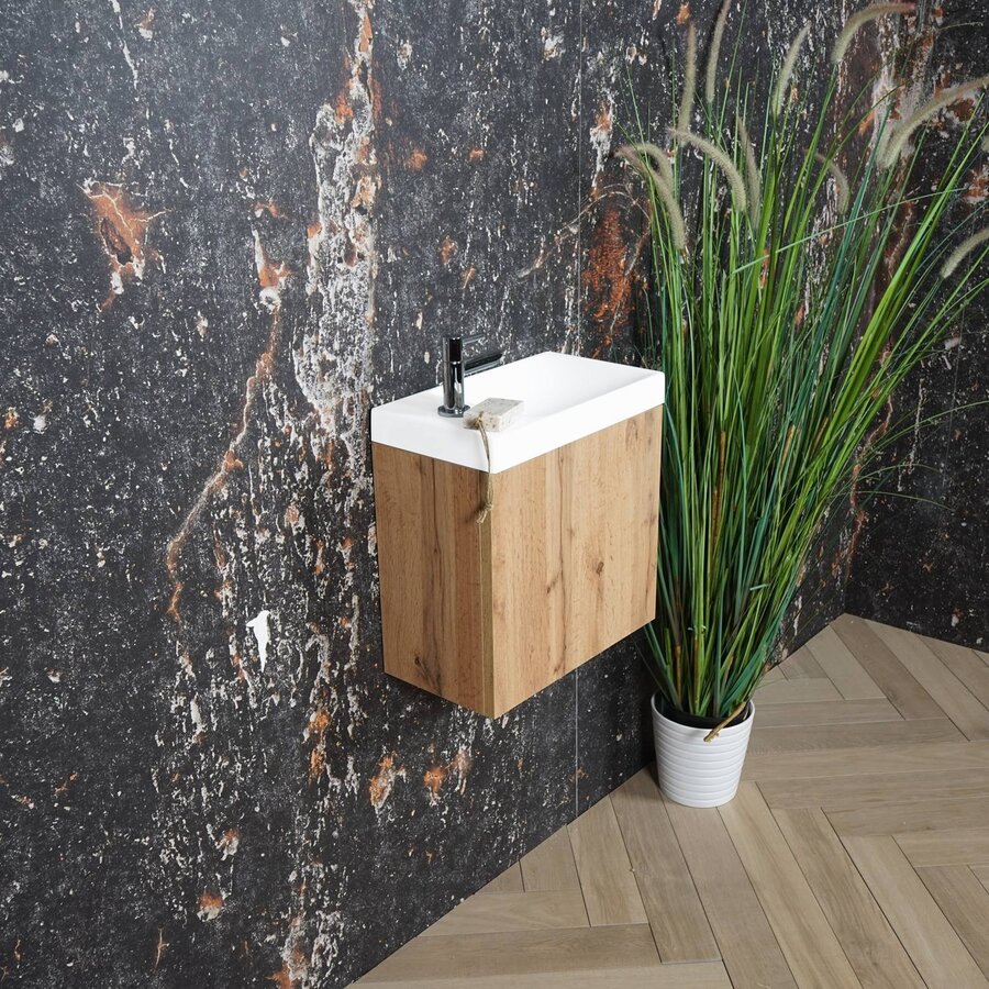 AKTIE! Fonteinmeubel Boss & Wessing Paris Fontein Mat Wit 40 cm Rustiek Eiken (1 kraangat)