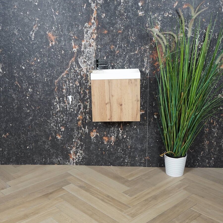 AKTIE! Fonteinmeubel Boss & Wessing Paris Fontein Mat Wit 40 cm Rustiek Eiken (1 kraangat)