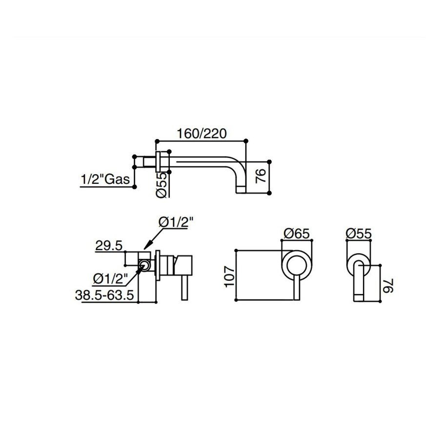 Inbouw Wastafelmengkraan Wandbevestiging Luca Sanitair Bongio Choom 22 cm