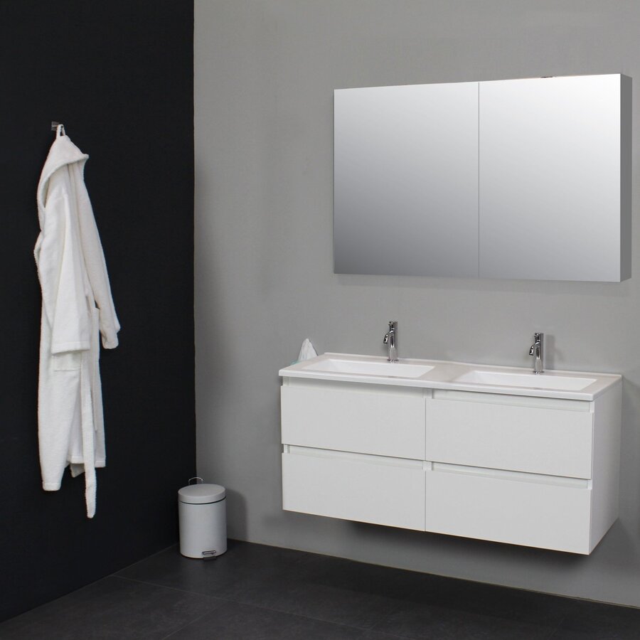 Badkamermeubel BWS Pepper Wastafel Acryl Incl Spiegelkast 2 Deurs Met 2 Kraangaten 120x55x46 cm Wit