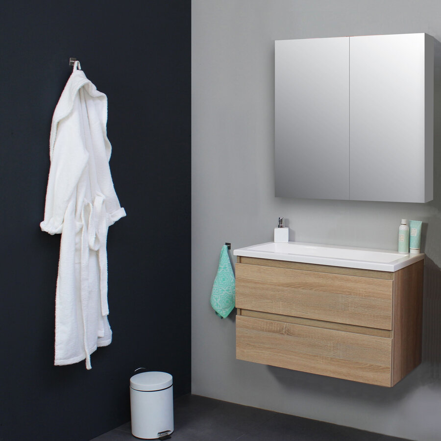Badkamermeubel BWS Pepper Wastafel Acryl Incl Spiegelkast 2 Deurs Zonder Kraangat 80x55x46 cm Eiken