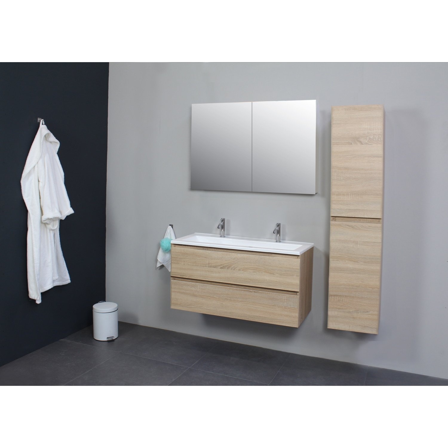 Badkamermeubel BWS Pepper Wastafel Acryl Incl Spiegelkast 2 Deurs Met 2 Kraangaten 100x55x46 cm Eiken Boss & Wessing