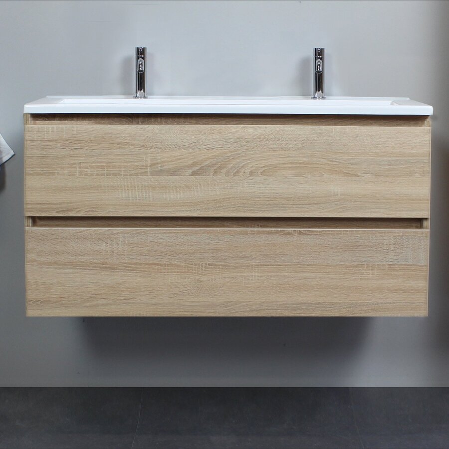 Badkamermeubel BWS Pepper Wastafel Acryl Incl Spiegelkast 2 Deurs Met 2 Kraangaten 100x55x46 cm Eiken