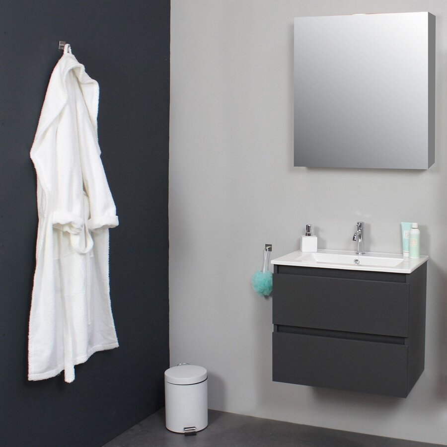 Badkamermeubel BWS Pepper Wastafel Porselein Incl Spiegelkast Met Kraangat 60x55x46 cm Antraciet
