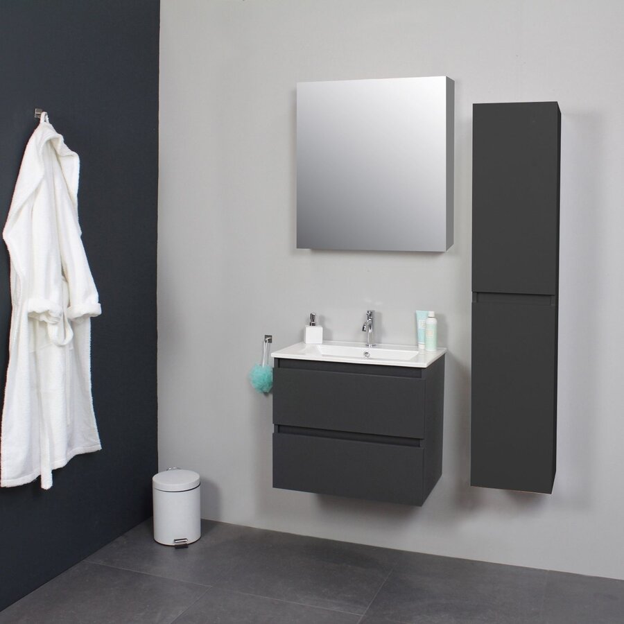 Badkamermeubel BWS Pepper Wastafel Porselein Incl Spiegelkast Met Kraangat 60x55x46 cm Antraciet