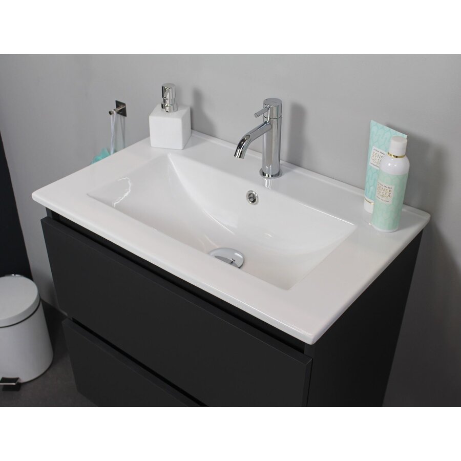 Badkamermeubel BWS Pepper Wastafel Porselein Incl Spiegelkast Met Kraangat 60x55x46 cm Antraciet