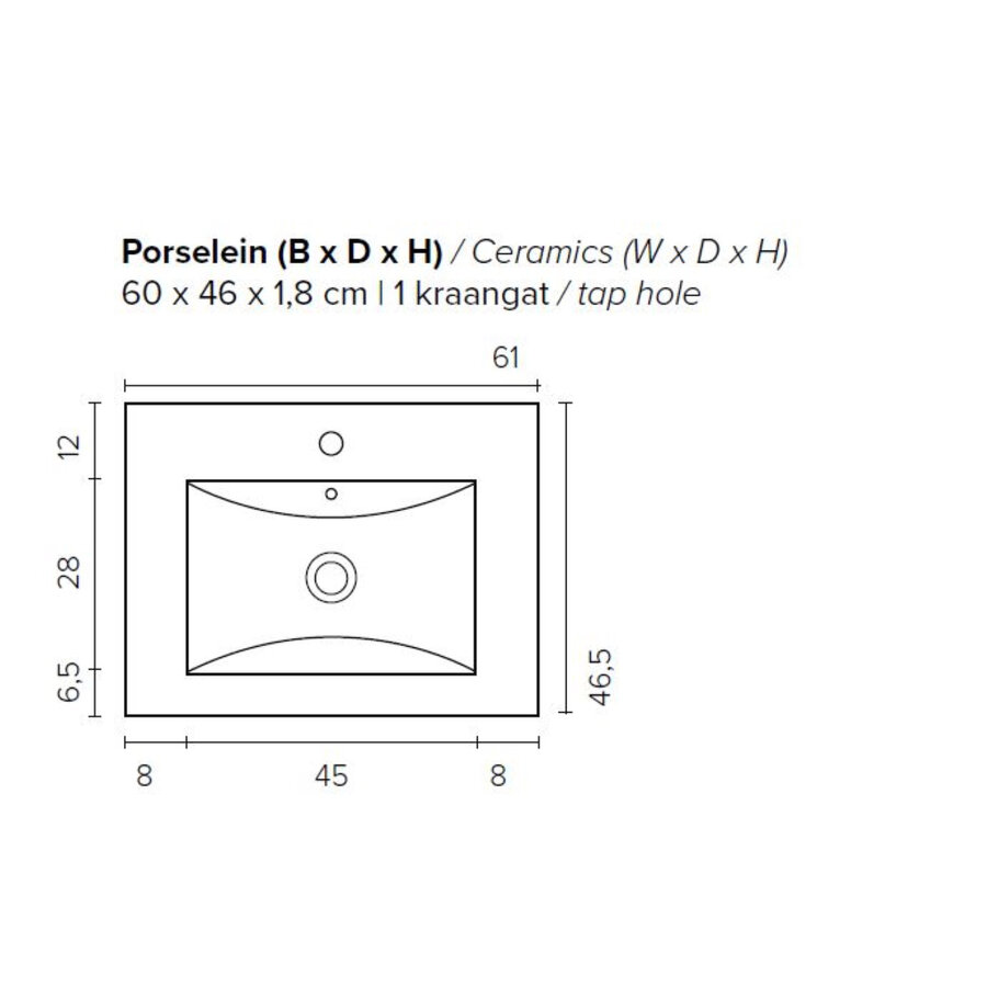 Badkamermeubel BWS Pepper Wastafel Porselein Incl Spiegelkast Met Kraangat 60x55x46 cm Antraciet