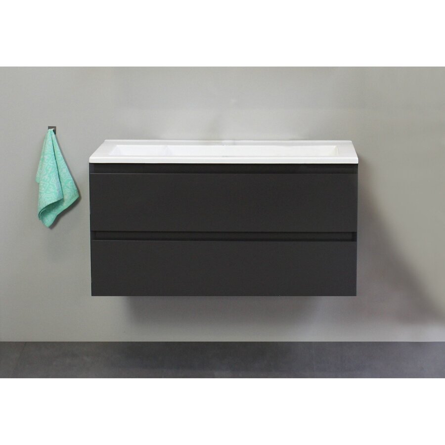 Badkamermeubel Boss & Wessing Pepper Acryl Wastafel Incl Spiegel Zonder Kraangat 100x55x46 cm Antraciet