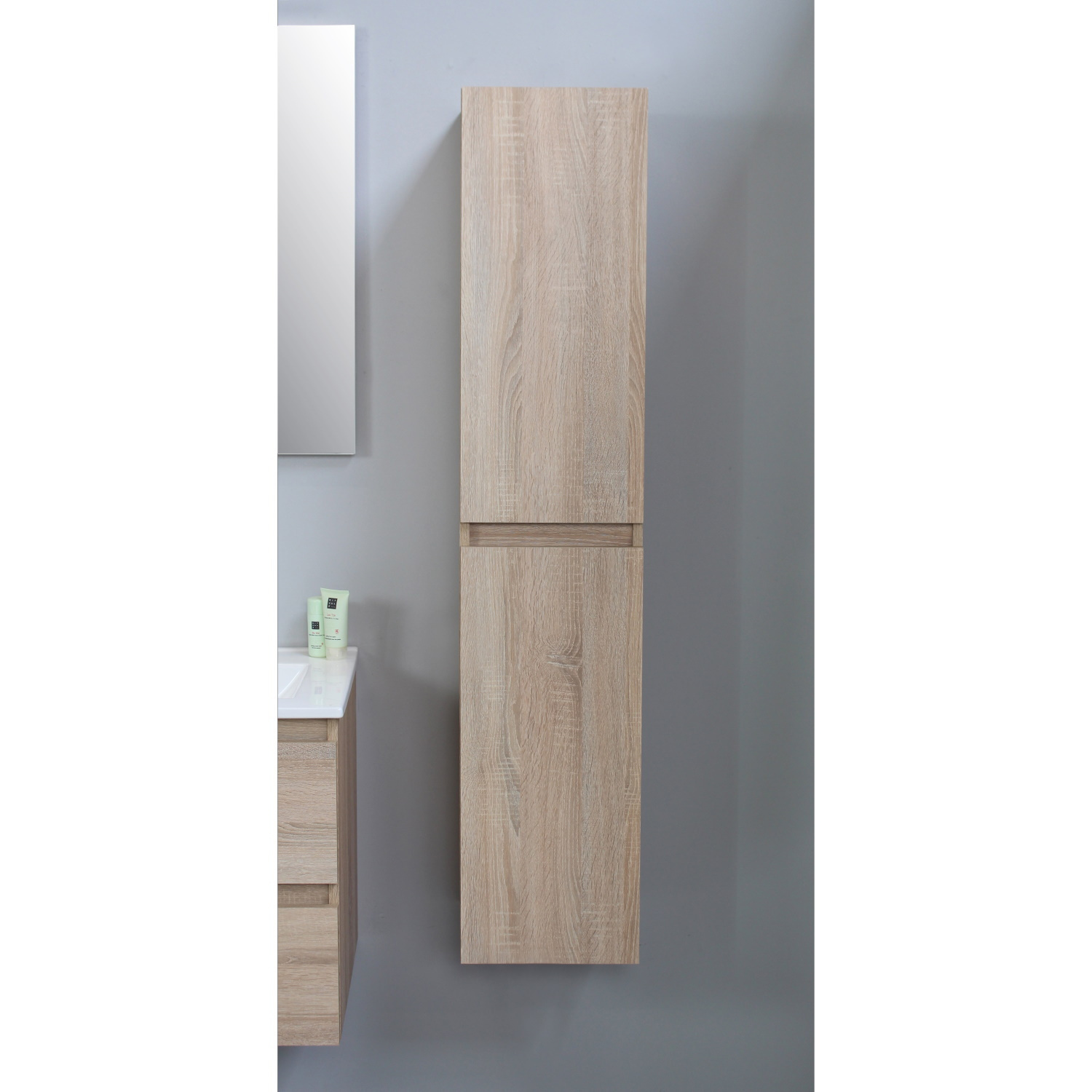 Boss & Wessing Badmeubelkast Boss & Wessing Pepper Hoge Kast Greeploos 2 Deuren 145x30x30 cm Eiken Boss & Wessing