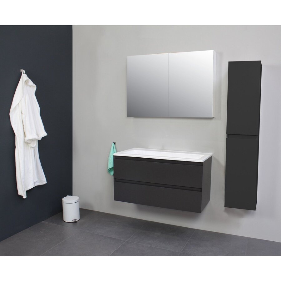 Badkamermeubel BWS Pepper Wastafel Acryl Incl Spiegelkast 2 Deurs Zonder Kraangat 100x55x46 cm Antraciet