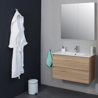 Badkamermeubel BWS Pepper Wastafel Porselein Incl Spiegelkast 2 Deurs Met 1 Kraangat 80x55x46 cm Eiken