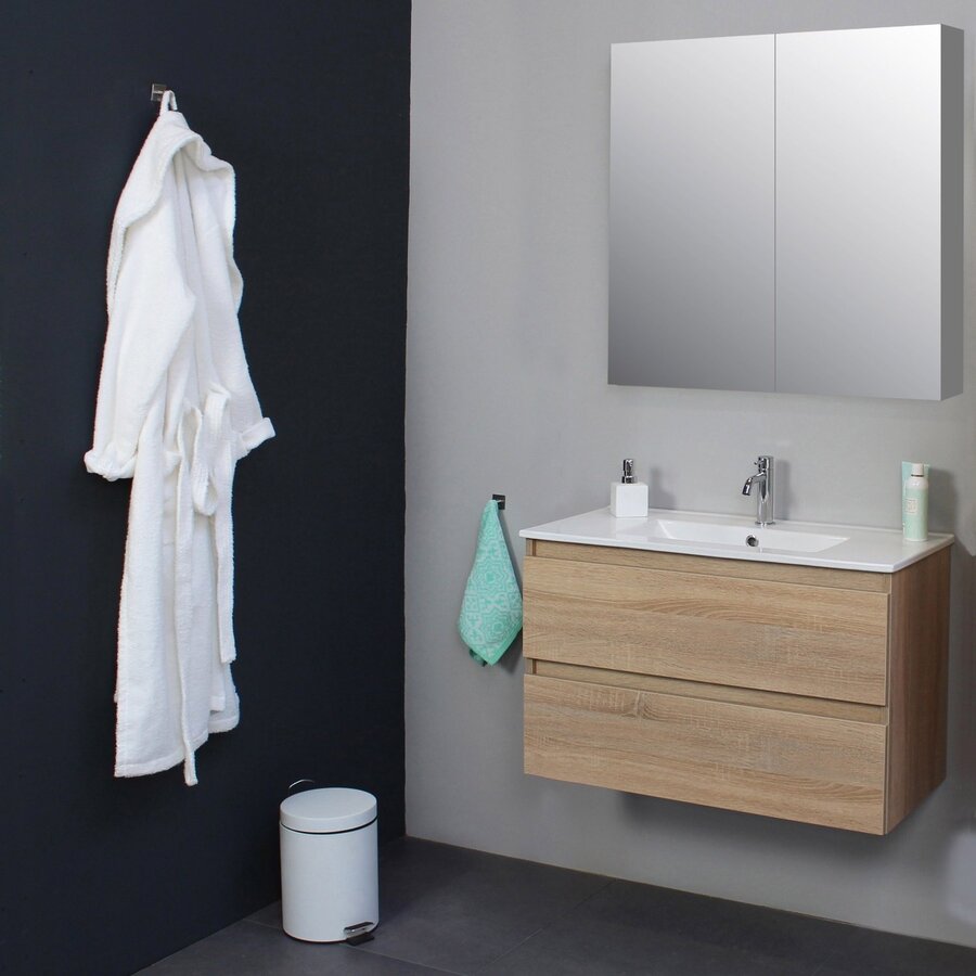 Badkamermeubel BWS Pepper Wastafel Porselein Incl Spiegelkast 2 Deurs Met 1 Kraangat 80x55x46 cm Eiken