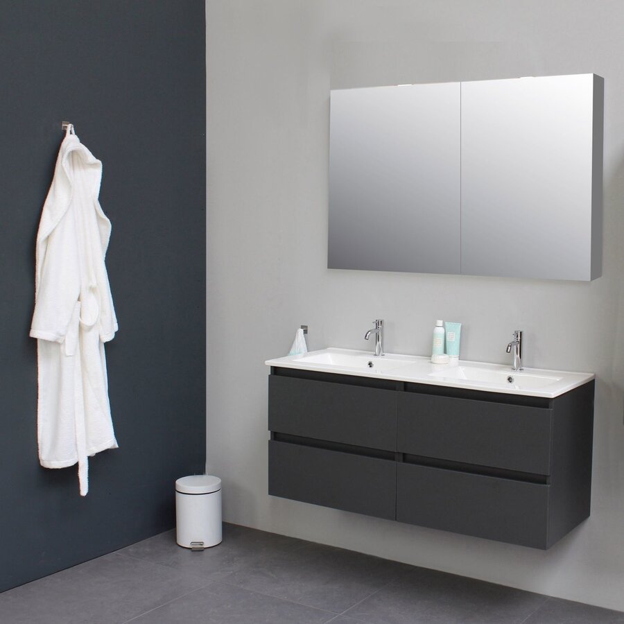 Badkamermeubel BWS Pepper Wastafel Porselein 2 Kraangaten Spiegelkast 120x55x46 cm Antraciet