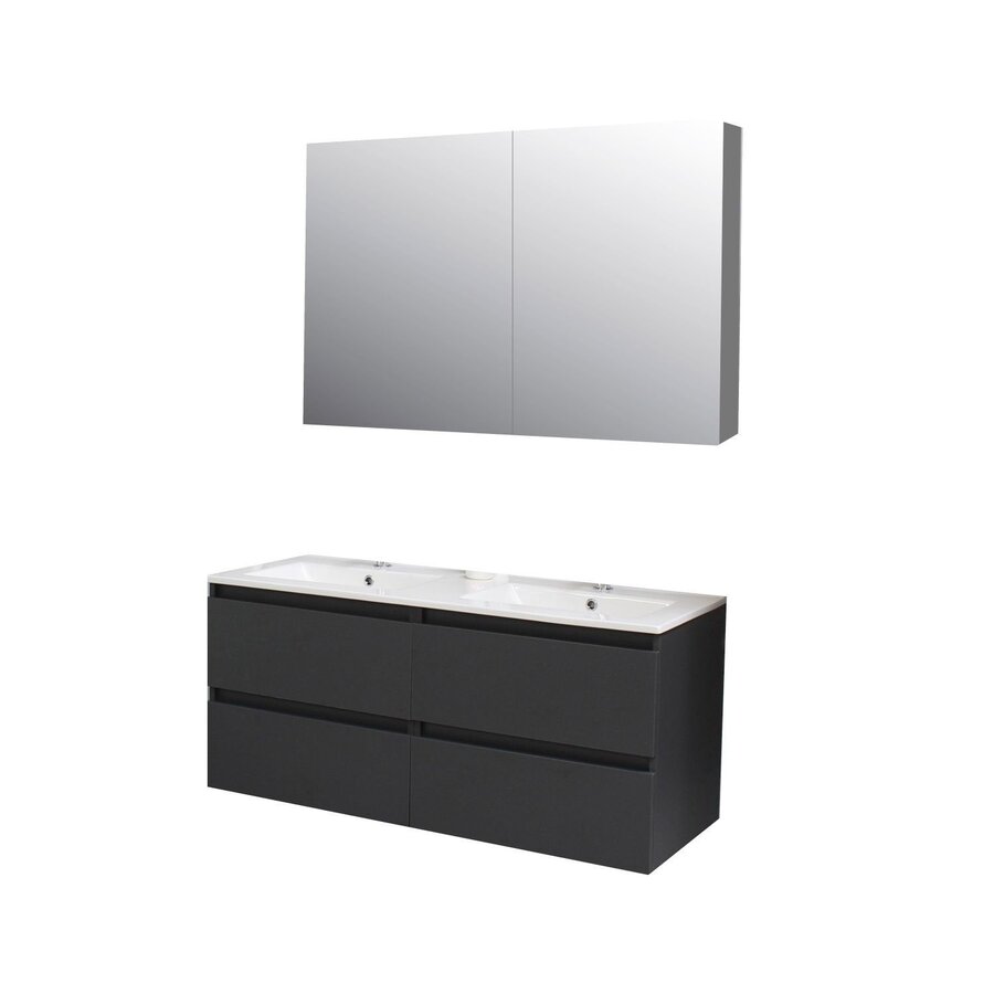 Badkamermeubel BWS Pepper Wastafel Porselein 2 Kraangaten Spiegelkast 120x55x46 cm Antraciet